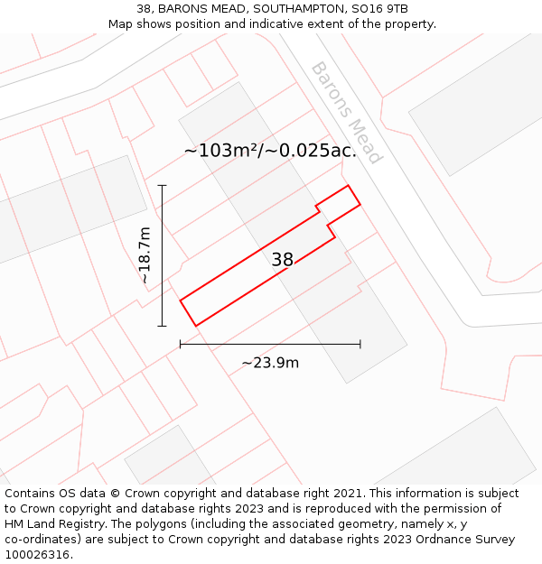 38, BARONS MEAD, SOUTHAMPTON, SO16 9TB: Plot and title map