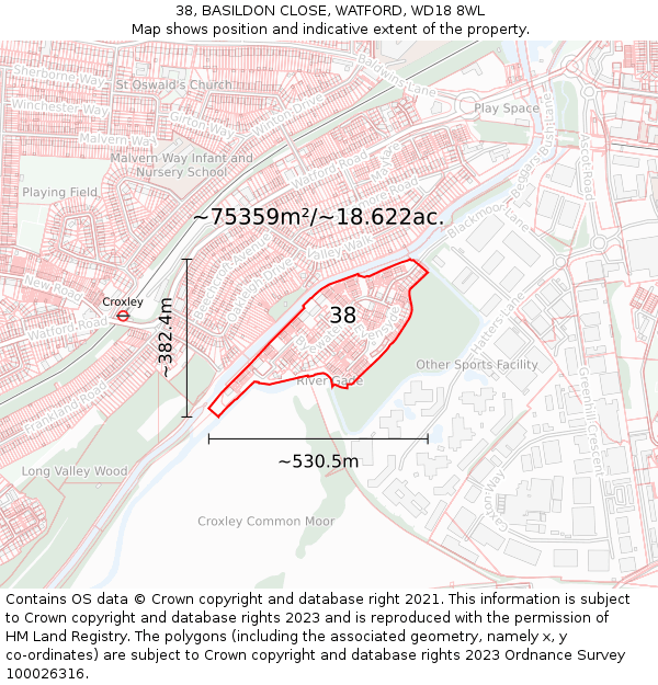 38, BASILDON CLOSE, WATFORD, WD18 8WL: Plot and title map