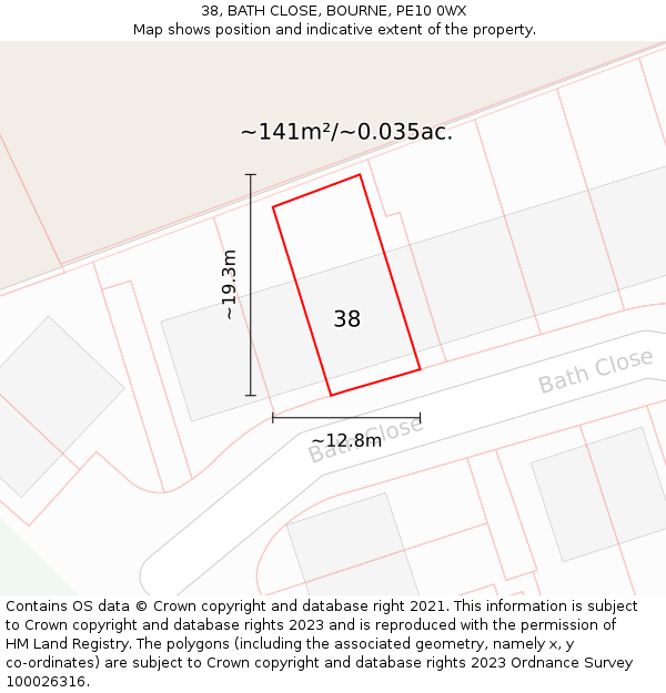 38, BATH CLOSE, BOURNE, PE10 0WX: Plot and title map
