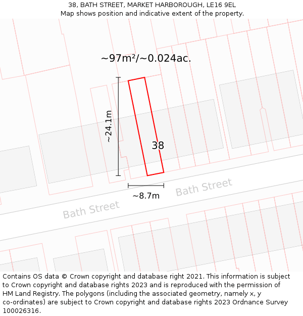 38, BATH STREET, MARKET HARBOROUGH, LE16 9EL: Plot and title map