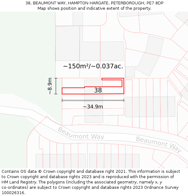 38, BEAUMONT WAY, HAMPTON HARGATE, PETERBOROUGH, PE7 8DP: Plot and title map