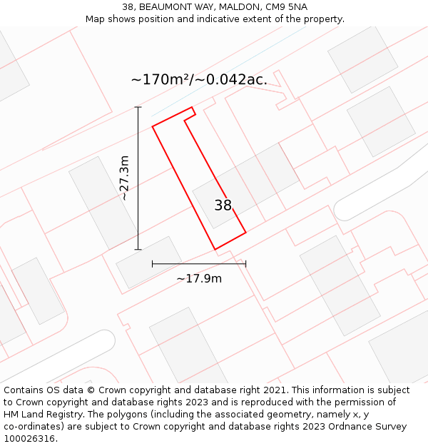38, BEAUMONT WAY, MALDON, CM9 5NA: Plot and title map