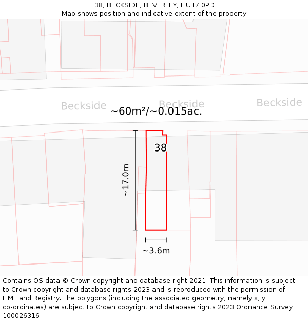 38, BECKSIDE, BEVERLEY, HU17 0PD: Plot and title map