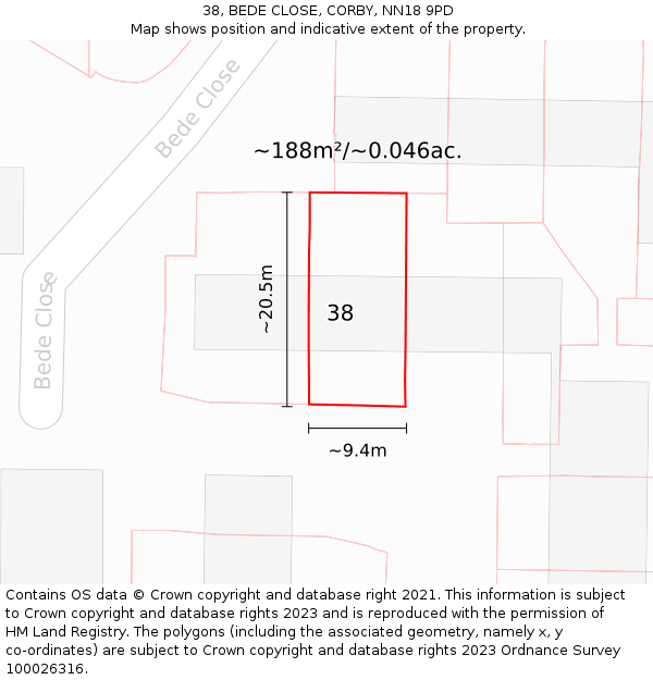38, BEDE CLOSE, CORBY, NN18 9PD: Plot and title map