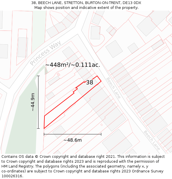 38, BEECH LANE, STRETTON, BURTON-ON-TRENT, DE13 0DX: Plot and title map