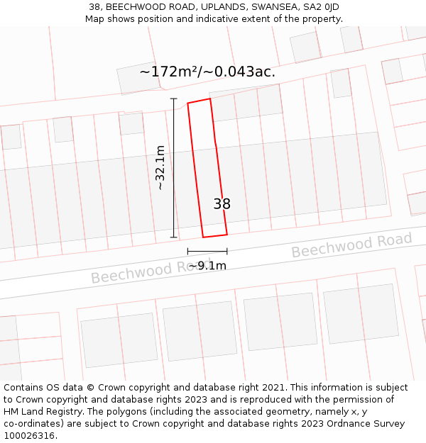 38, BEECHWOOD ROAD, UPLANDS, SWANSEA, SA2 0JD: Plot and title map