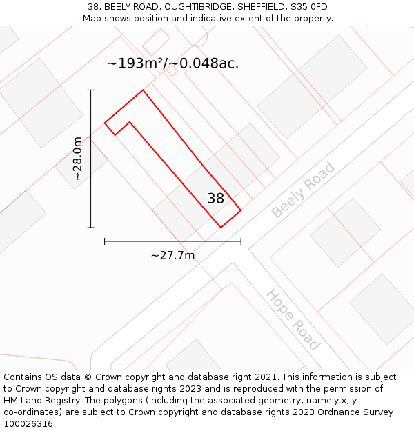 38, BEELY ROAD, OUGHTIBRIDGE, SHEFFIELD, S35 0FD: Plot and title map