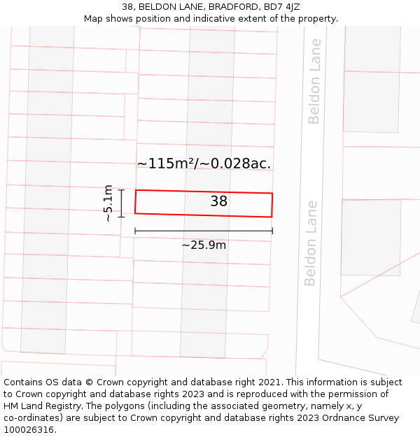 38, BELDON LANE, BRADFORD, BD7 4JZ: Plot and title map