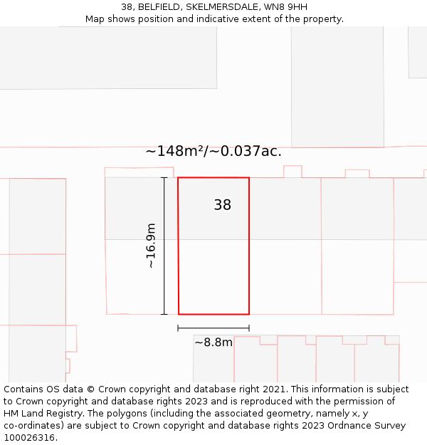 38, BELFIELD, SKELMERSDALE, WN8 9HH: Plot and title map