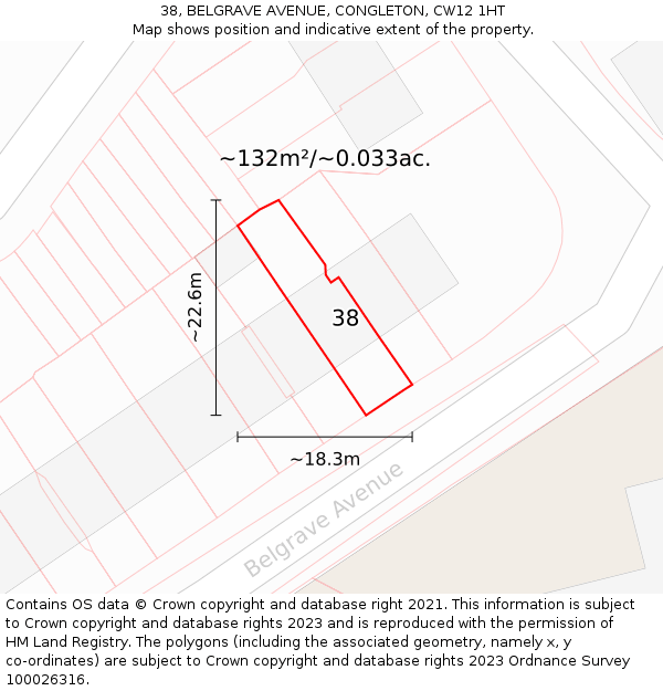 38, BELGRAVE AVENUE, CONGLETON, CW12 1HT: Plot and title map