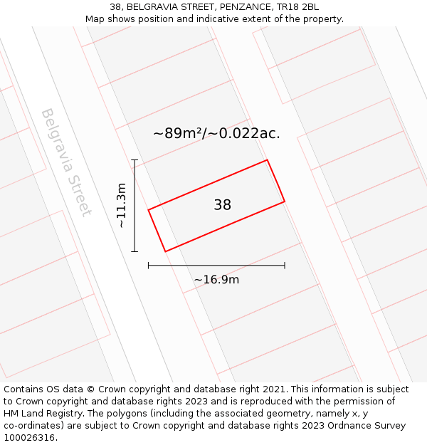 38, BELGRAVIA STREET, PENZANCE, TR18 2BL: Plot and title map