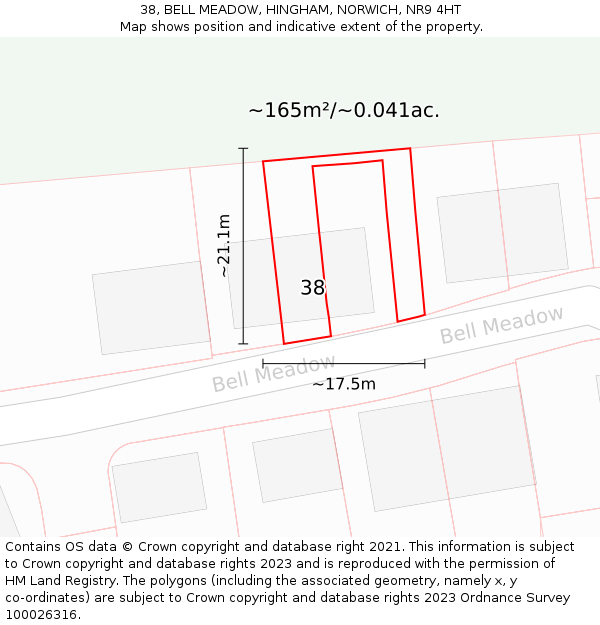 38, BELL MEADOW, HINGHAM, NORWICH, NR9 4HT: Plot and title map