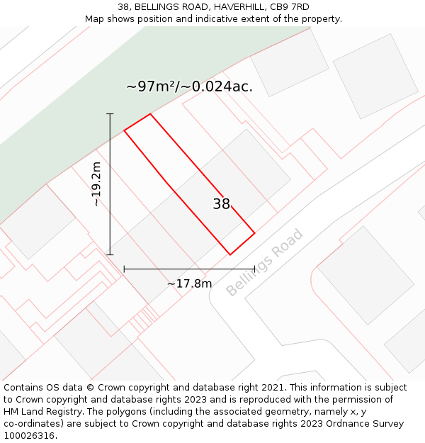 38, BELLINGS ROAD, HAVERHILL, CB9 7RD: Plot and title map