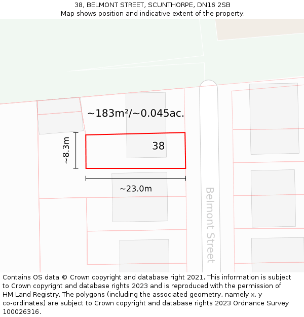 38, BELMONT STREET, SCUNTHORPE, DN16 2SB: Plot and title map