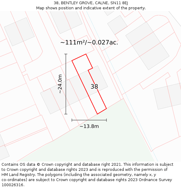 38, BENTLEY GROVE, CALNE, SN11 8EJ: Plot and title map