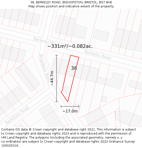 38, BERKELEY ROAD, BISHOPSTON, BRISTOL, BS7 8HE: Plot and title map