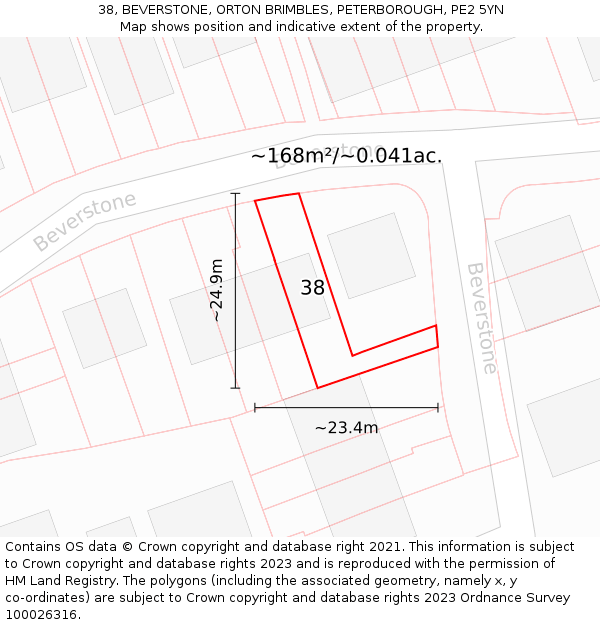 38, BEVERSTONE, ORTON BRIMBLES, PETERBOROUGH, PE2 5YN: Plot and title map