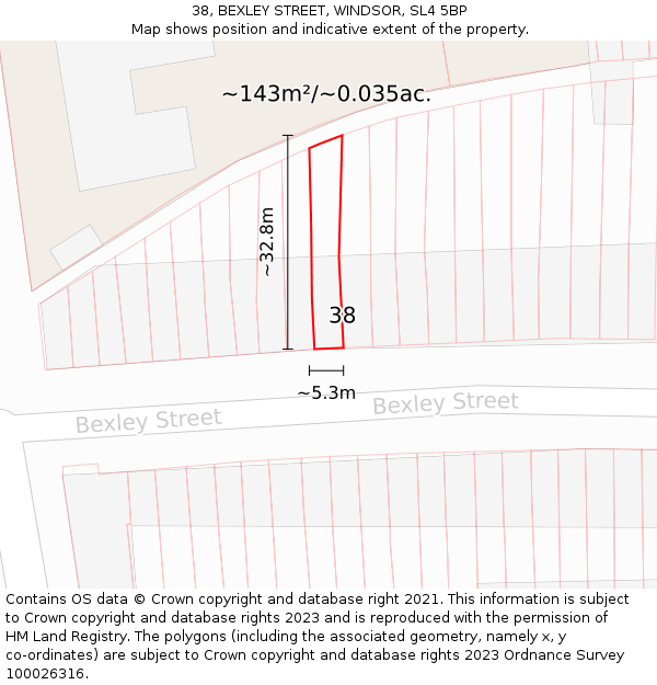 38, BEXLEY STREET, WINDSOR, SL4 5BP: Plot and title map