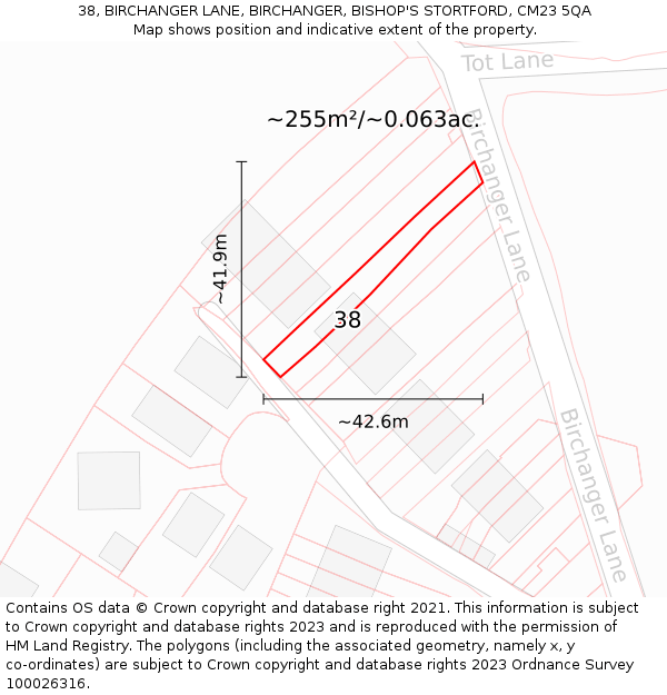 38, BIRCHANGER LANE, BIRCHANGER, BISHOP'S STORTFORD, CM23 5QA: Plot and title map