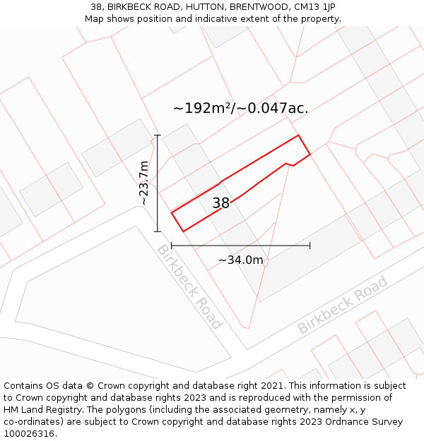 38, BIRKBECK ROAD, HUTTON, BRENTWOOD, CM13 1JP: Plot and title map