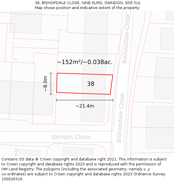 38, BISHOPDALE CLOSE, NINE ELMS, SWINDON, SN5 5UJ: Plot and title map