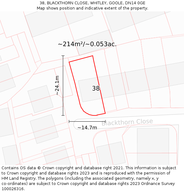 38, BLACKTHORN CLOSE, WHITLEY, GOOLE, DN14 0GE: Plot and title map