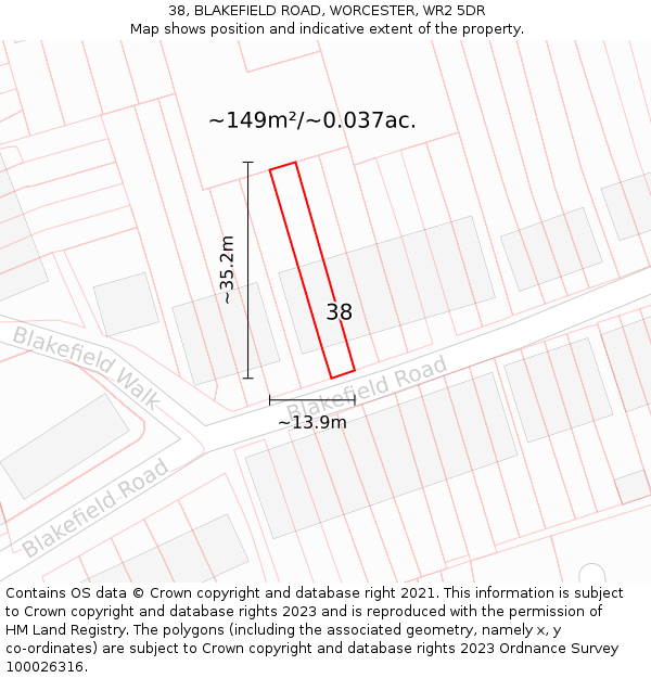 38, BLAKEFIELD ROAD, WORCESTER, WR2 5DR: Plot and title map