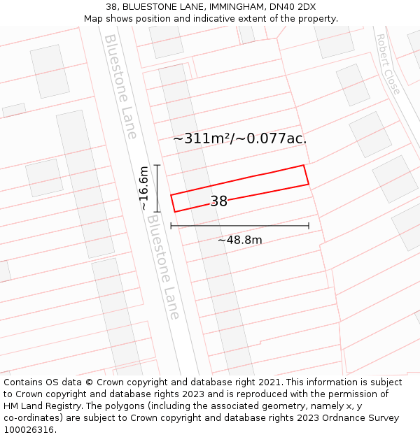 38, BLUESTONE LANE, IMMINGHAM, DN40 2DX: Plot and title map