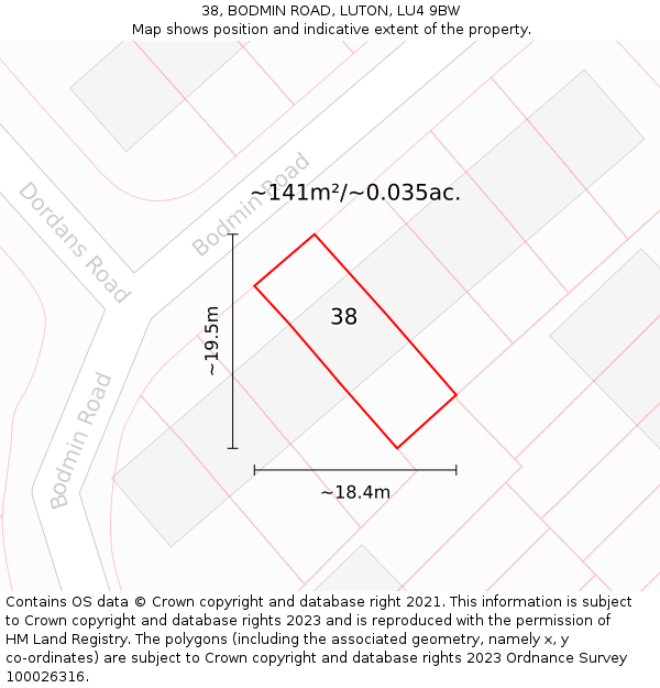 38, BODMIN ROAD, LUTON, LU4 9BW: Plot and title map