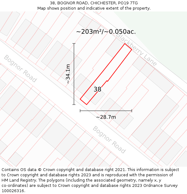 38, BOGNOR ROAD, CHICHESTER, PO19 7TG: Plot and title map