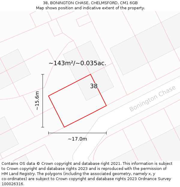 38, BONINGTON CHASE, CHELMSFORD, CM1 6GB: Plot and title map