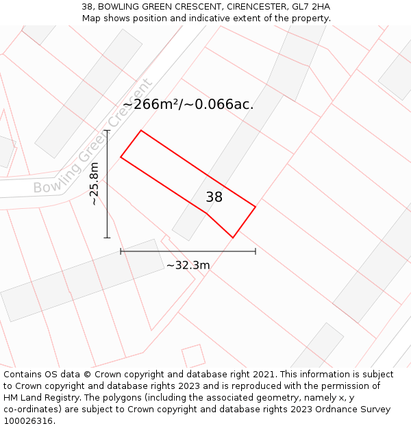 38, BOWLING GREEN CRESCENT, CIRENCESTER, GL7 2HA: Plot and title map