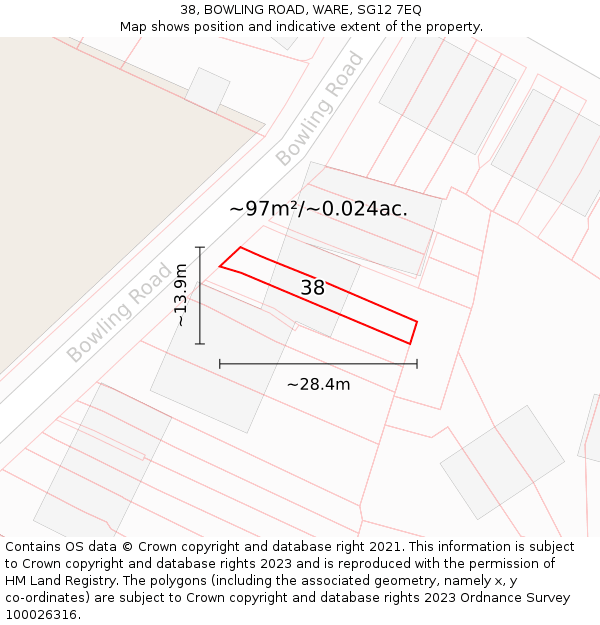 38, BOWLING ROAD, WARE, SG12 7EQ: Plot and title map