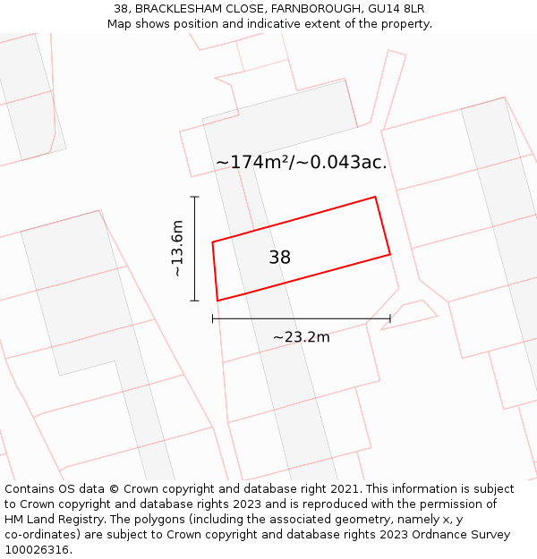 38, BRACKLESHAM CLOSE, FARNBOROUGH, GU14 8LR: Plot and title map