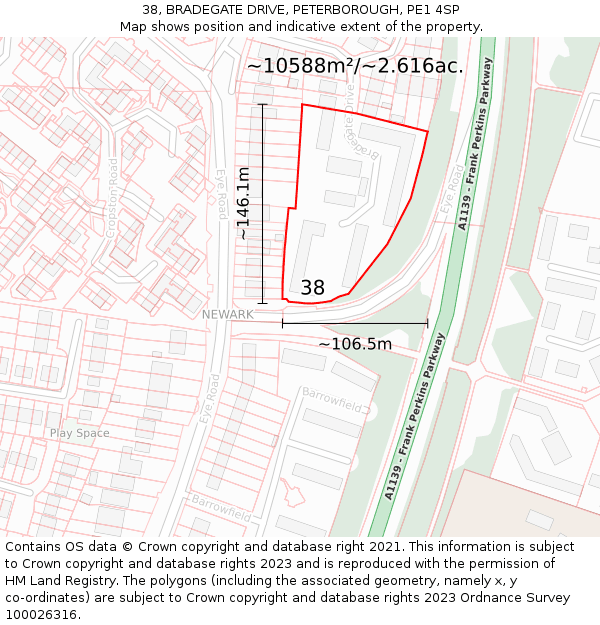 38, BRADEGATE DRIVE, PETERBOROUGH, PE1 4SP: Plot and title map