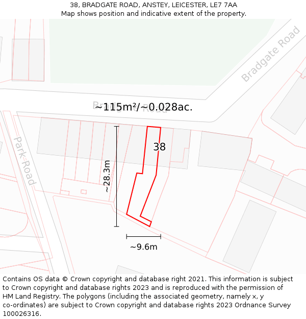 38, BRADGATE ROAD, ANSTEY, LEICESTER, LE7 7AA: Plot and title map