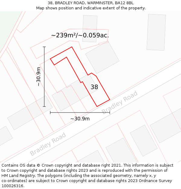 38, BRADLEY ROAD, WARMINSTER, BA12 8BL: Plot and title map