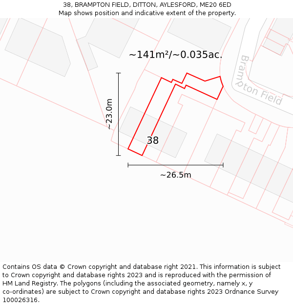 38, BRAMPTON FIELD, DITTON, AYLESFORD, ME20 6ED: Plot and title map