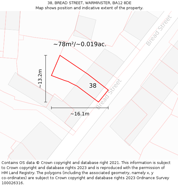 38, BREAD STREET, WARMINSTER, BA12 8DE: Plot and title map