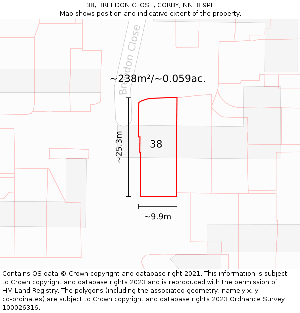 38, BREEDON CLOSE, CORBY, NN18 9PF: Plot and title map