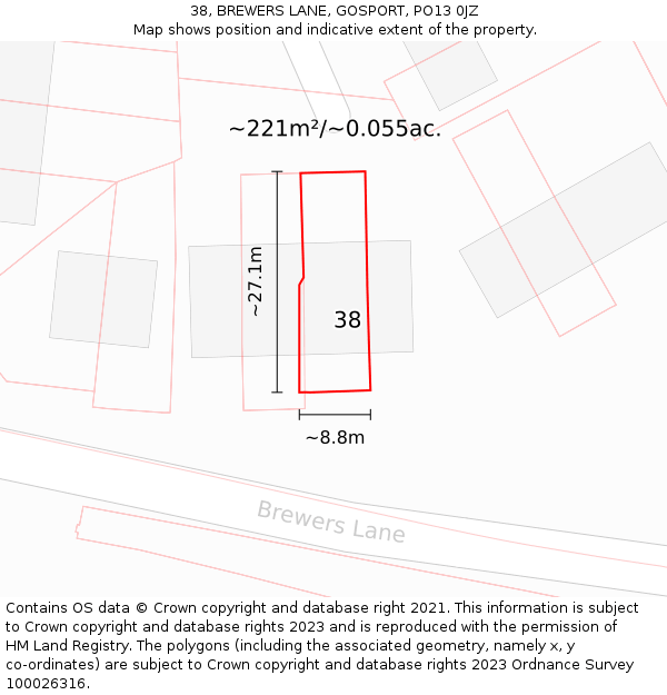 38, BREWERS LANE, GOSPORT, PO13 0JZ: Plot and title map