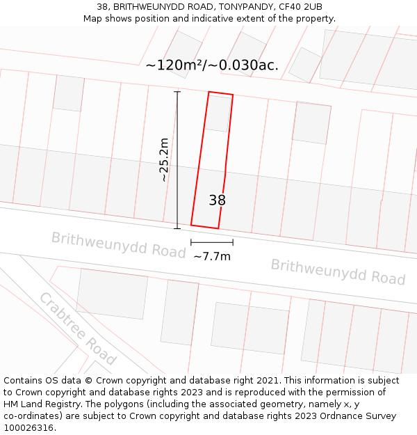 38, BRITHWEUNYDD ROAD, TONYPANDY, CF40 2UB: Plot and title map