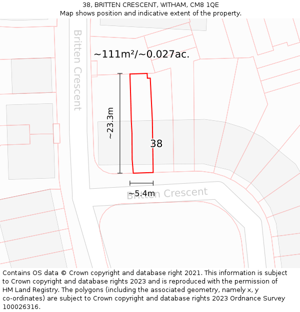 38, BRITTEN CRESCENT, WITHAM, CM8 1QE: Plot and title map
