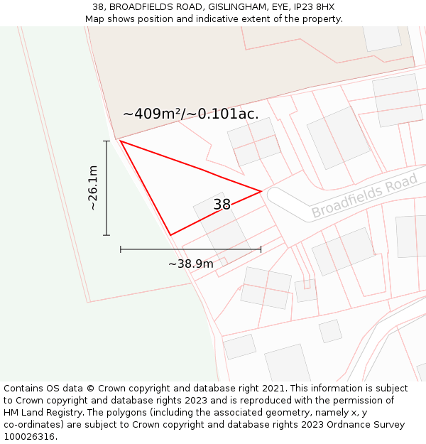 38, BROADFIELDS ROAD, GISLINGHAM, EYE, IP23 8HX: Plot and title map