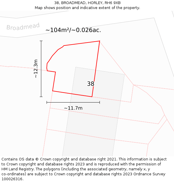 38, BROADMEAD, HORLEY, RH6 9XB: Plot and title map