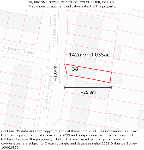 38, BROOME GROVE, WIVENHOE, COLCHESTER, CO7 9QU: Plot and title map