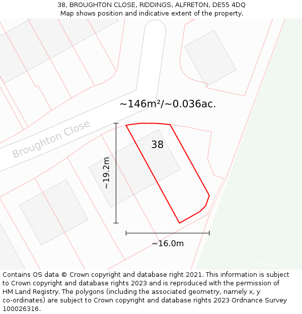 38, BROUGHTON CLOSE, RIDDINGS, ALFRETON, DE55 4DQ: Plot and title map