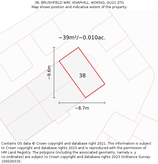 38, BRUSHFIELD WAY, KNAPHILL, WOKING, GU21 2TG: Plot and title map