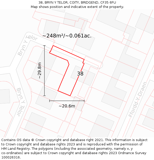 38, BRYN Y TELOR, COITY, BRIDGEND, CF35 6FU: Plot and title map