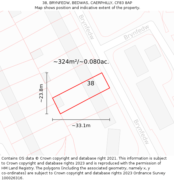38, BRYNFEDW, BEDWAS, CAERPHILLY, CF83 8AP: Plot and title map